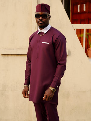 Burgundy Kaftan Eko Set | Mens African Traditional Wear  TRADITIONAL TRIMS  CLOTHING